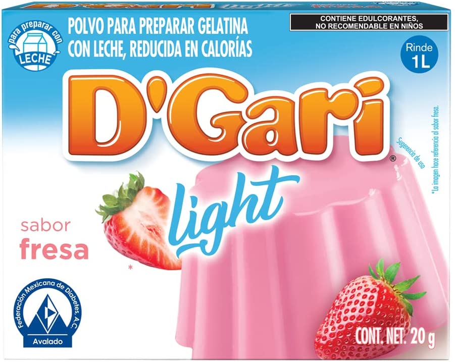 D’Gari Light Polvo para preparar gelatina con leche, baja en caloríassabor fresa leche 20 g