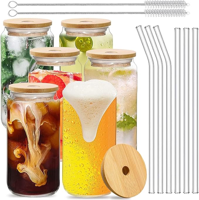 Juego de Vasos  Vidrio con Tapas de Bambu y Popotes,