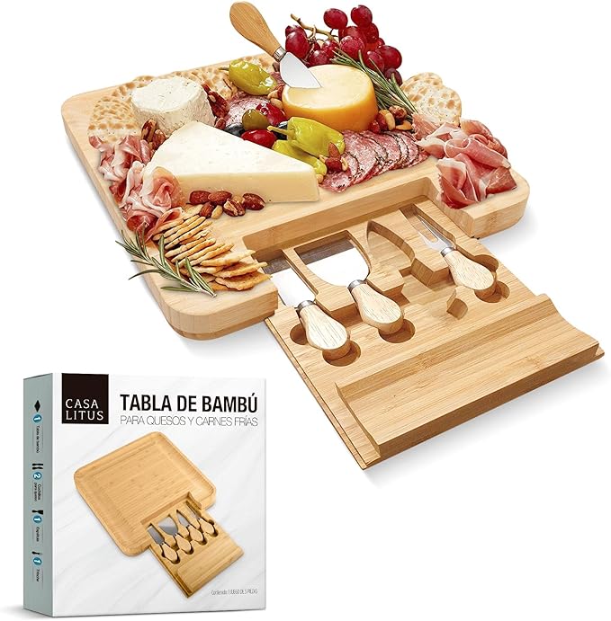 Tabla para Quesos  Madera de Bambú, con Compartimento para Cuchillos