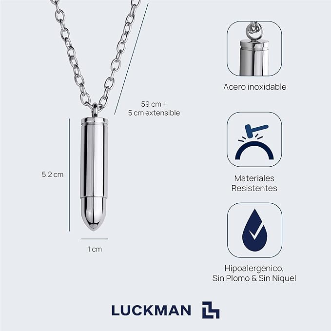 Collar Hombre, Cadena con Dije de Bala, Acero Inoxidable