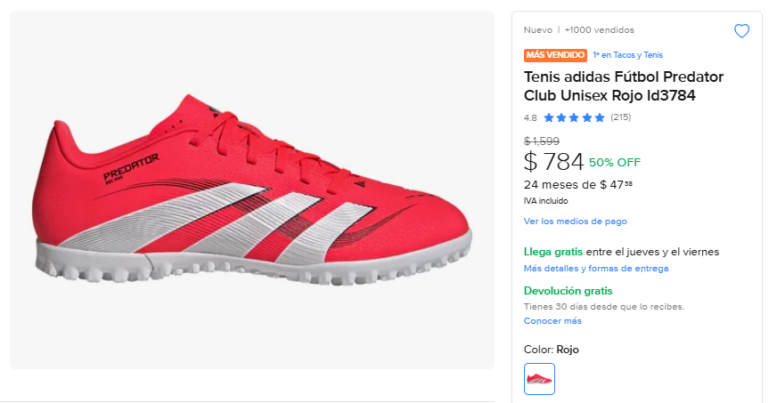 ML: Tenis adidas Fútbol Predator Club Unisex Rojo