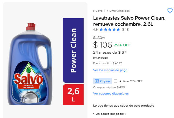 ML: Lavatrastes Salvo Power Clean, remueve cochambre, 2.6L