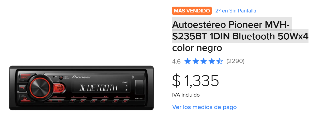 ML: Autoestéreo Pioneer MVH-S235BT 1DIN Bluetooth 50Wx4