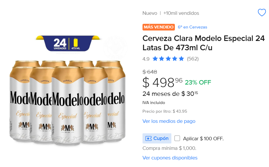 ML: Cerveza Clara Modelo Especial 24 Latas De 473ml C/u