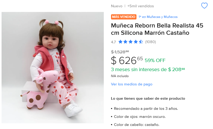 ML: Muñeca Reborn Bella Realista 45 cm Silicona Marrón Castaño
