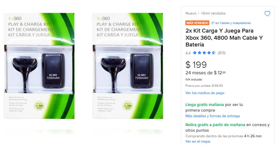 ML: 2x Kit Carga Y Juega Para Xbox-360, 4800 Mah