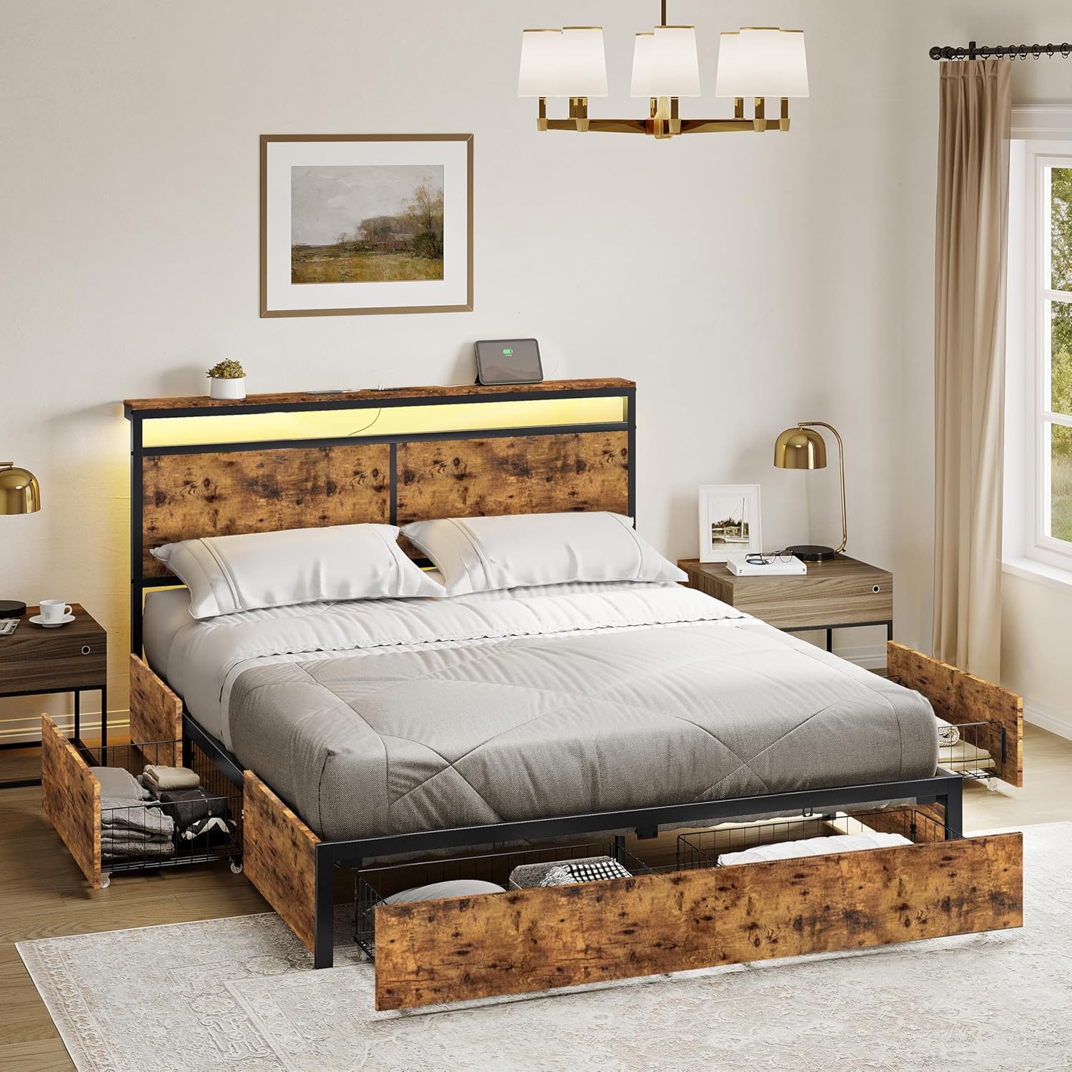 Cama Queen con Luces, Salidas de Carga, Cajones de Almacenamiento