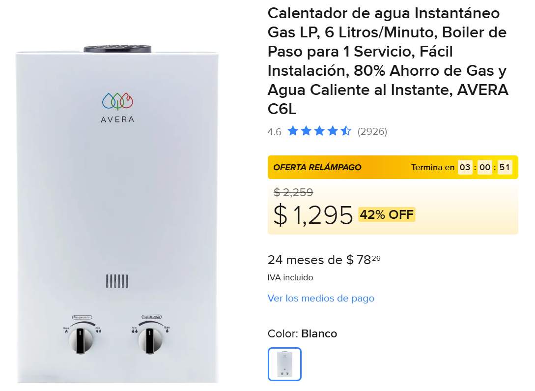 Calentador de agua Instantáneo Gas LP – AVERA 6L