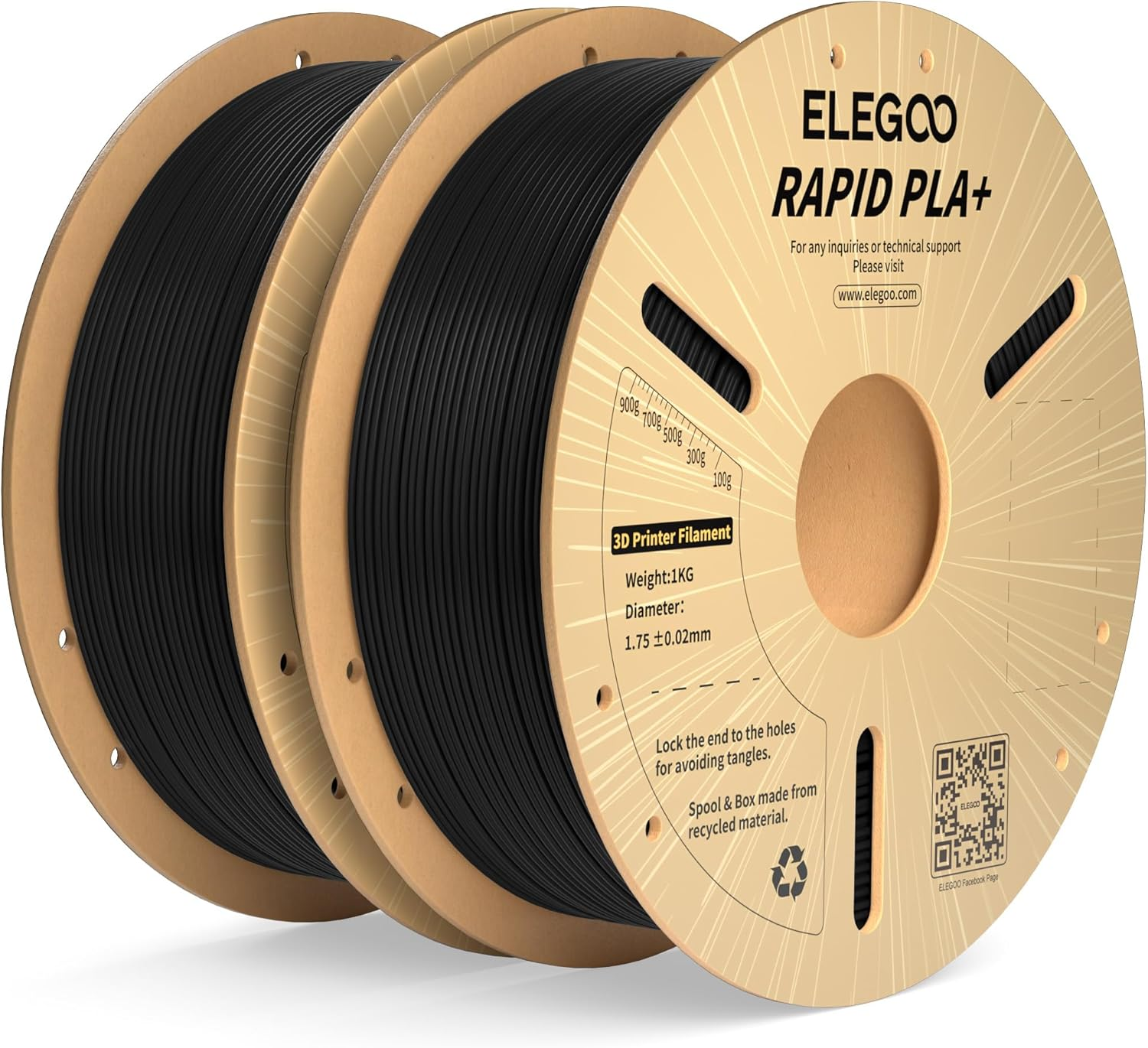 ELEGOO Filamento PLA+ 1,75 mm negro, 2 kg