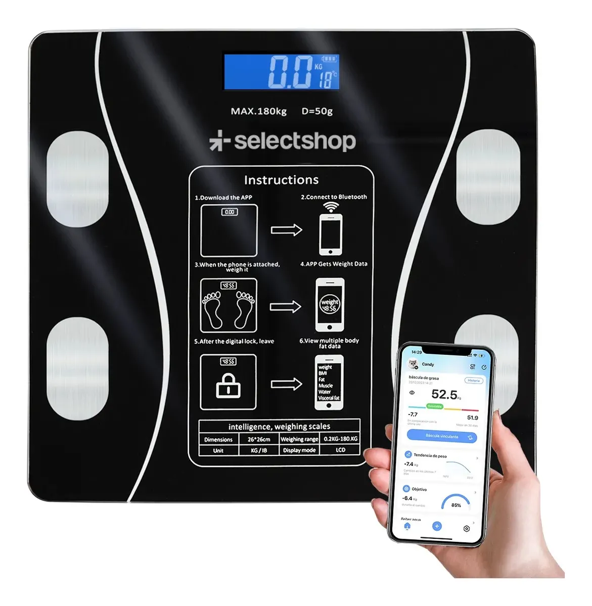 Báscula digital negra con tecnologia Bluetooth