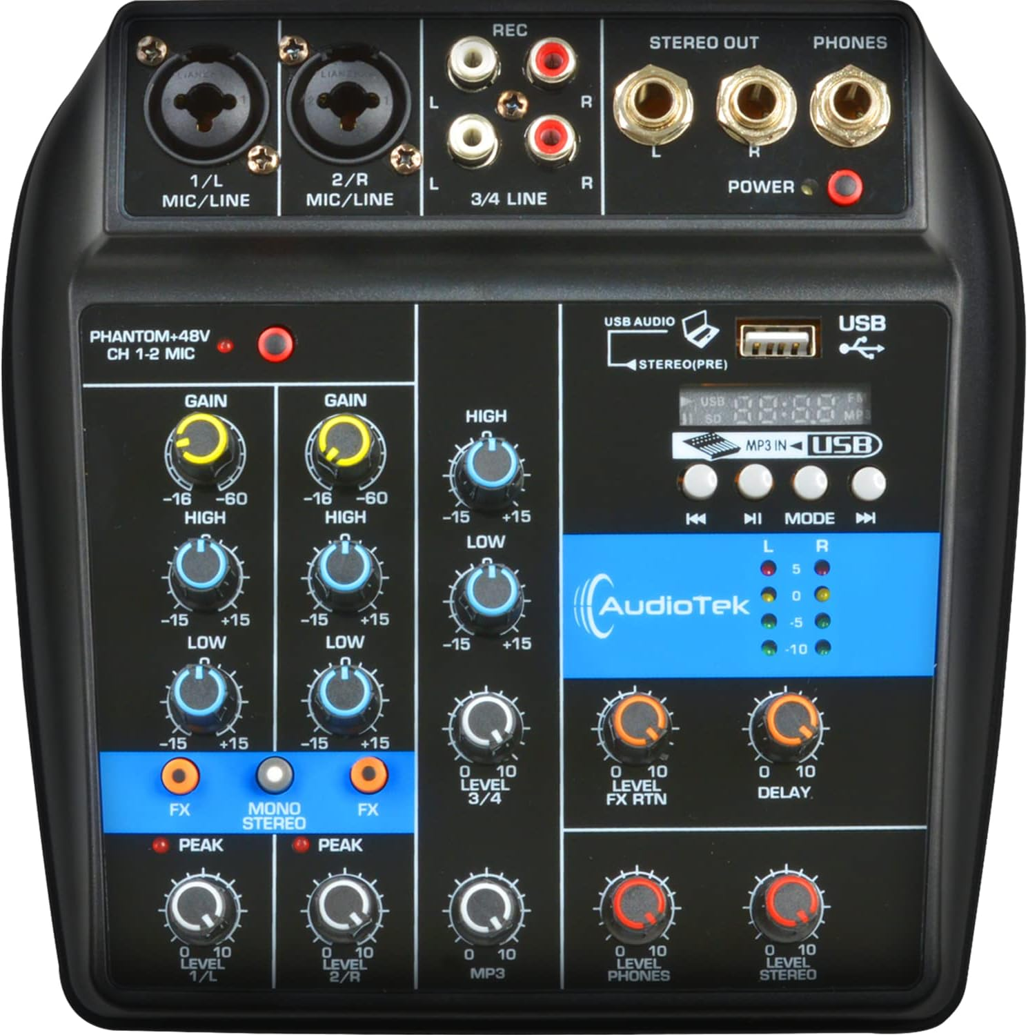 AUDIOTEK Mezcladora de Sonido 4-Canales, Control de Efectos Mixer USB