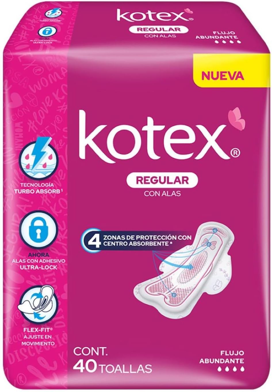 Kotex Regular Con Alas, 40 Toallas Flujo Abundante