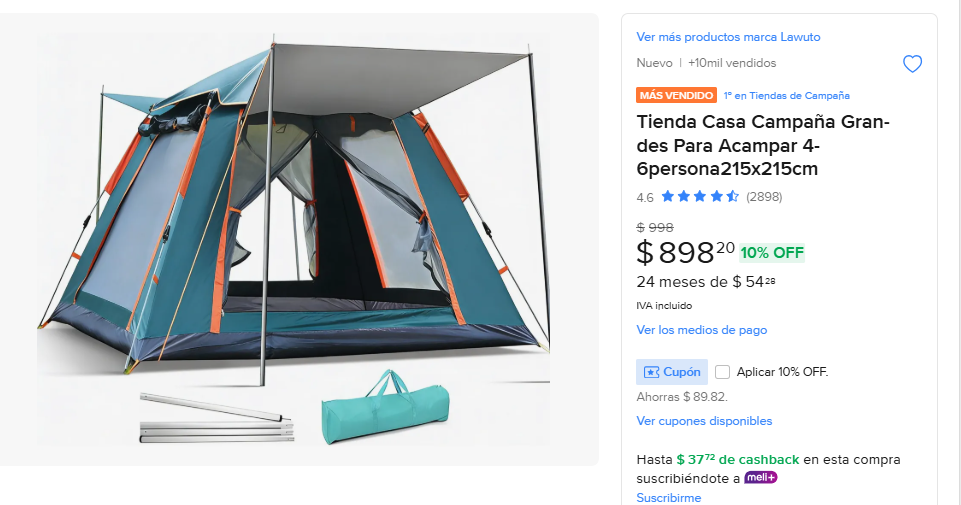 Tienda Casa Campaña Para Acampar 4-6 personas