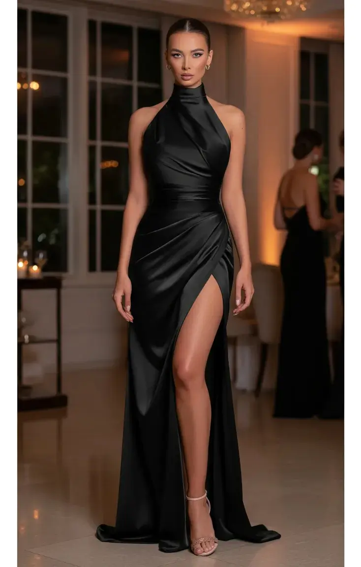 Vestido De Raso Con Escote Halter